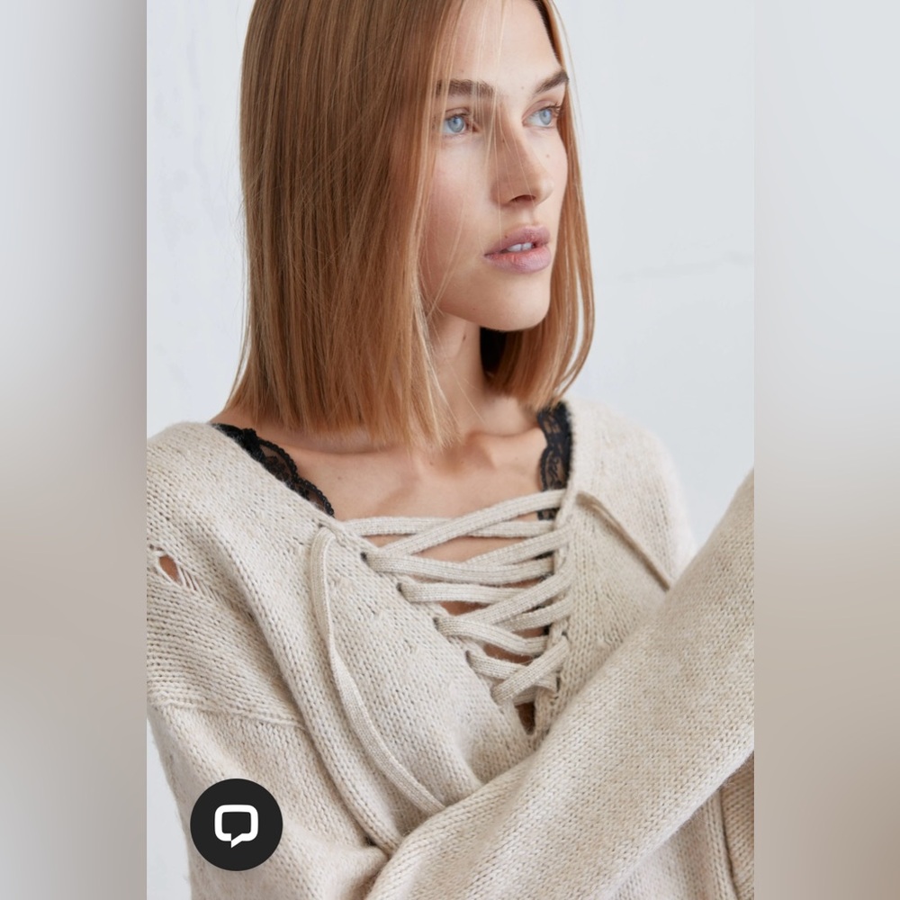 78$ NWT OAK+FORT Lace-Up Distressed Sweater | Relaxed Fit | NWT | Size S-M - Picture 7 of 15